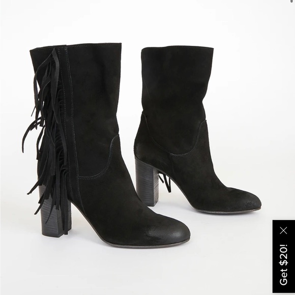 Free People Wild Rose Black Suede Leather Fringe Mid-Calf Slouch Boots - Picture 1 of 13